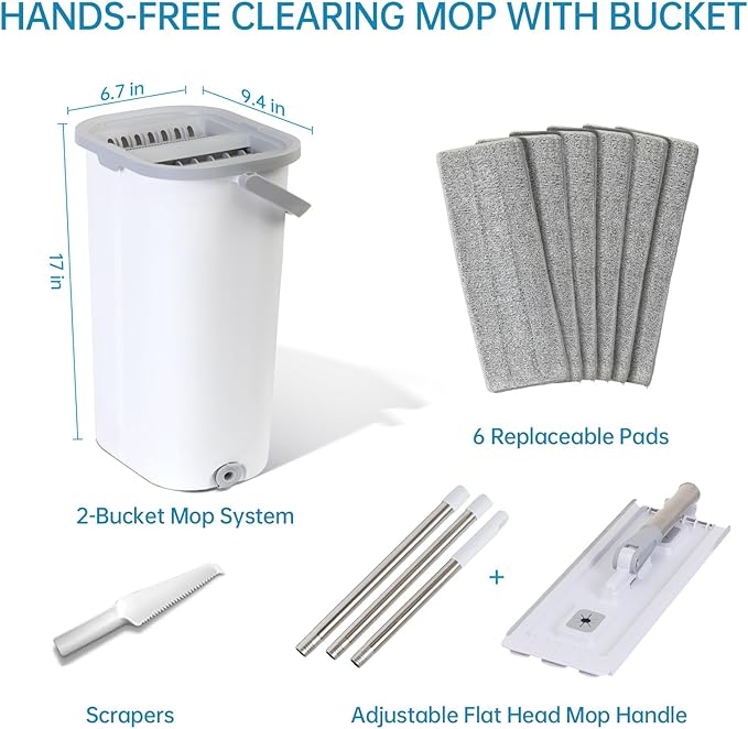 Wall Floor Mop Kit: Long Handle Scrubber with Wringer Bucket Washable Microfiber for Kitchen Bathroom &amp Hardwood - Women’s All-Purpose Cleaning Tools