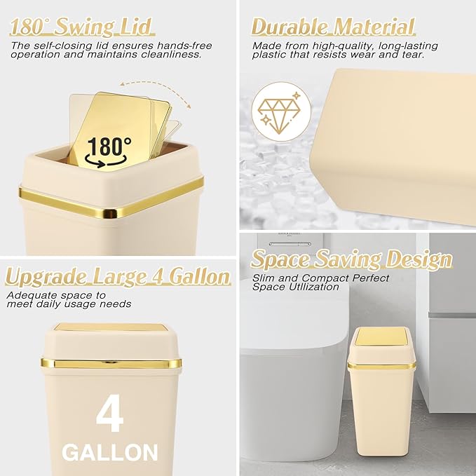 Bathroom Trash Can with Lid 4 Gallon Trash Can with Swing Lid Beige Small Garbage Can Bathroom Garbage Can with 300 Counts Trash Bags for Kitchen Bedroom Office