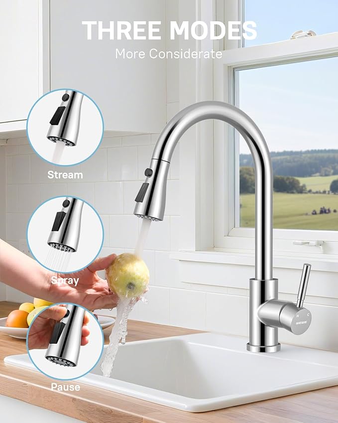 WEWE Kitchen Faucet with Pull Down Sprayer and Soap Dispenser Polished Chrome High Arc Single Handle Stainless Steel Sink Faucet Suitable for Farmhouse RV &amp Laundry