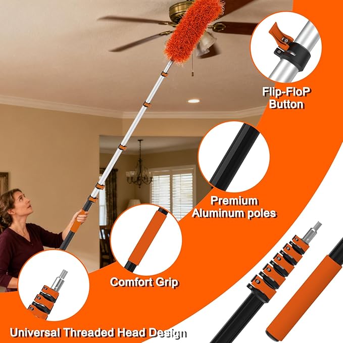 26FT High Ceiling Duster Kits with 5-20FT Telescoping Extension Pole - Fan Blade Cleaner Cobweb Remover &amp Window Cleaning Kit Washable Dust Brush for High Roof and Glass Surfaces