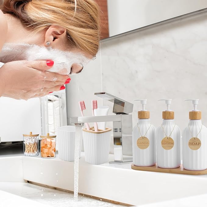 Bathroom Accessories Set White Bathroom Set with Trash Can3PCS Lotion Soap Dispenser Toothbrush Holder Soap DishTumbler Cup6pcs Wood Tags White Bath Accessories with Tray for Bathroom Decor