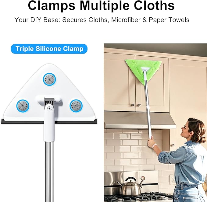 CTIME 78'' 3 in1 Professional Window Squeegee &amp Wall Mop : Window Cleaning Kit with 360° Rotating Triangular Head &amp Universal Cloth Slots (Includes 3 Reusable Pads)
