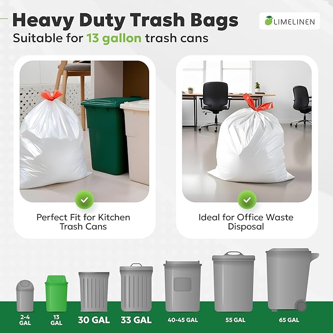 LIMELINEN Tall Kitchen Trash Bags with Drawstring 800 Count 13-gallon Trash Bag of 0.9 mil Thickness Leak and Odor-Resistant Heavy-Duty Plastic Garbage Bags for Home and Commercial Use