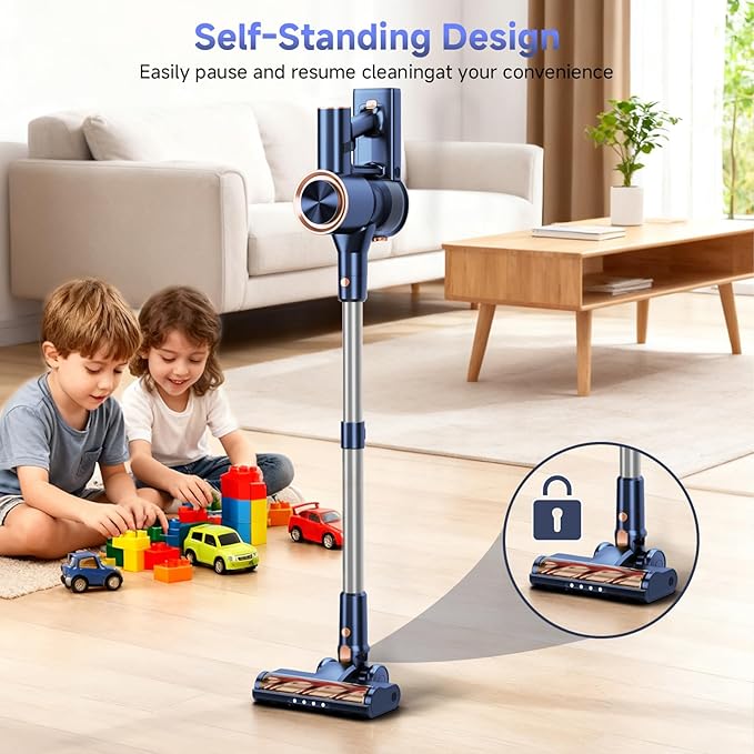 Cordless Stick Vacuum Cleaner - 45KPA Powerful Suction Vacuum with 45 Min Runtime Detachable Battery Anti-Tangle &amp 1.5L Dust Cup 8 in 1 Vacuum Cleaner for Pet Hair Carpet HardFloor Blue