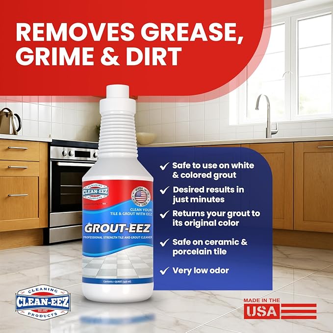 Clean-eez Grout Cleaner 2 Pack with Stand-Up Brush Attachment - Stain Remover Heavy-Duty Scrubber - Bathroom Shower Ceramic Porcelain Tile &amp Grout Only - Easy Control Flip Top Cap - 32 oz.