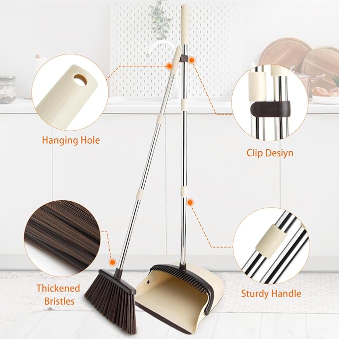 Broom and Dustpan Set Dustpan Combo with 51 Stainless Steel Long Handle Brooms with 5-Layer Soft Bristles for Home Office Kitchen Bathroom(Beige)