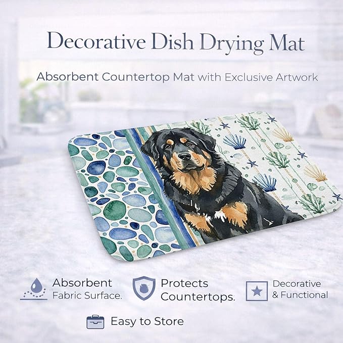 Caroline's Treasures Black and Tan Tibetan Mastiff Coastal Sea Glass Dish Drying Mat Absorbent Dish Drying Mat Pad for Kitchen Counter Dish Drainer Mat for Countertop 14 x 21 Multicolor