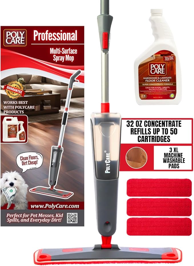 Hardwood Floor Premium Spray Mop - Includes Hardwood Concentrate Cleaner - Three Machine Washable Microfiber Cleaning Pads - Pre-Filled Cartridge - Extension Piece - Scuff Remover