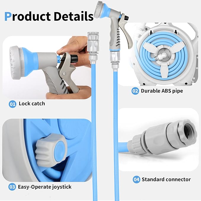 Garden Retractable Hose Reel Portable Simple Home Hose Reel 45+5 FT with 7 Patterns Spray Nozzle Wall Mounted and Any Length Lock for Garden Watering Car Washing Pet (Blue)