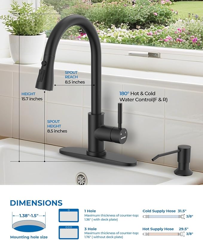 WEWE Kitchen Faucet with Soap Dispenser and Pull Down Sprayer RV Single Handle Classic 3 Modes Stainless Steel Faucet for Kitchen Sink RV Matte Black