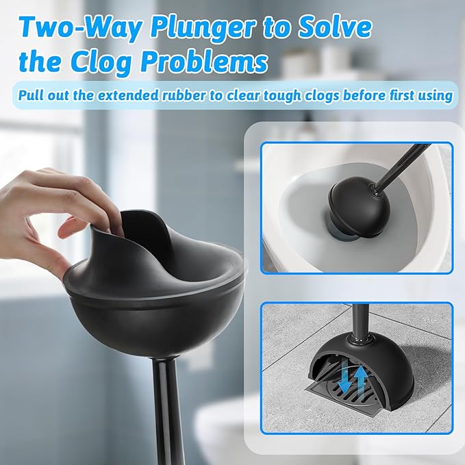 Sellemer Toilet Brush and Plunger Set Curved Design Head for Deep Cleaning Heavy Duty Toilet Bowl Brush and Plunger Combo with Holder for Bathroom Cleaning Black 2 Pack