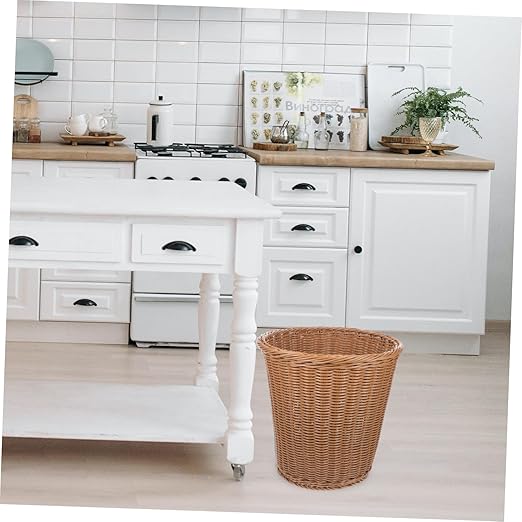 Rust-Resistant Iron Office Trash Can Simulated Rattan Woven Wastebasket Multipurpose Storage Basket for Home and Use Beige