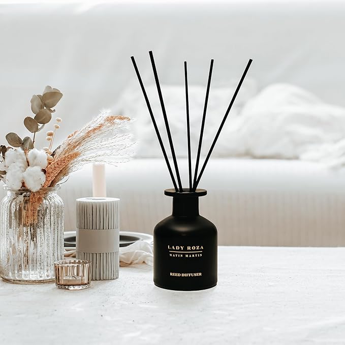 Matin Martin Lady Roza Reed Diffuser 5 oz - Luxury Aromatherapy with Rose &amp Red Fruits - Home Decor Gift for Bedroom Office Living Room Bathroom - Long Lasting Scent with Premium Fragrance Stic