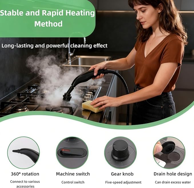 Steam Cleaner Handheld Steamer for Cleaning 5 Level Adjustable Handle 15s Heat-Up 1.27 Quarts Tank for Floor Dirt Couch Grout TileCar (Gray)