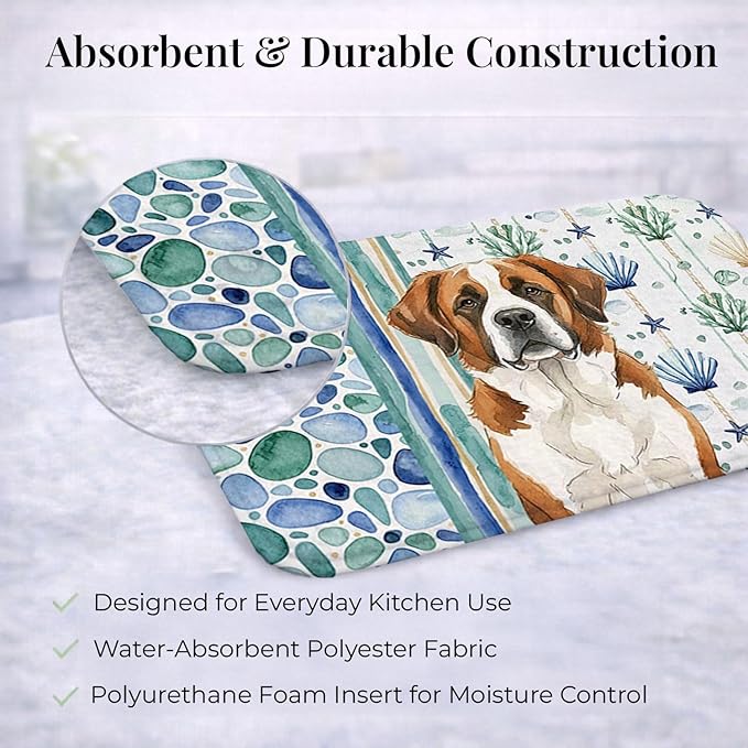 Caroline's Treasures Brown and White Saint Bernard Coastal Sea Glass Dish Drying Mat Absorbent Dish Drying Mat Pad for Kitchen Counter Dish Drainer Mat for Countertop 14 x 21 Multicolor