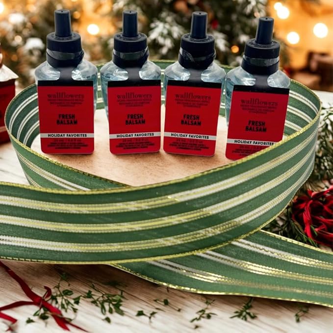 Bath &amp Body Works FRESH BALSAM Wallflowers Home Fragrance Refill Gift Set with 30-Inch Forest Green Ribbon and Metallic Gold Stripes &amp Sheer Accents for Holidays 0.8 fl oz each - Pack of 4