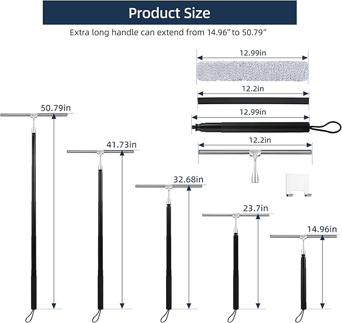 12-51’’ Telescopic Window Squeegee for High Windows 2-in-1 Window Cleaning Kit with Extra Silicone Blade &amp Hook Professional Squeegee for Shower Glass Doors (Window Squeegee for Home)