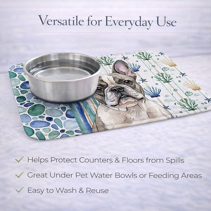 Caroline's Treasures Pied French Bulldog Coastal Sea Glass Dish Drying Mat Absorbent Dish Drying Mat Pad for Kitchen Counter Dish Drainer Mat for Countertop 14 x 21 Multicolor