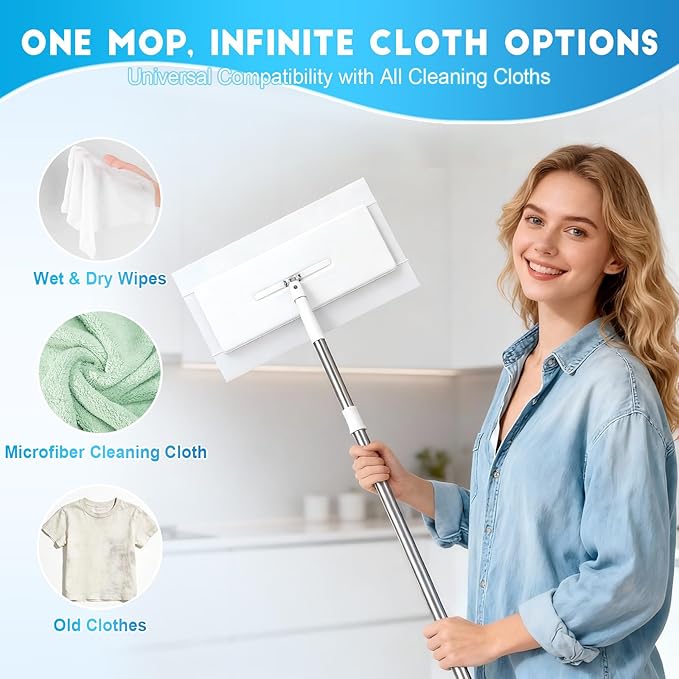 Snap Grip Mop Cloth Changing Mop Zero Touch Lazy Mopa with Automatic Cloth Changing Wet &amp Dry Dust Mopping for Hardwood Vinyl Laminate Tile Includes 20 Dry Pads Home Cleaning Essential (Wh