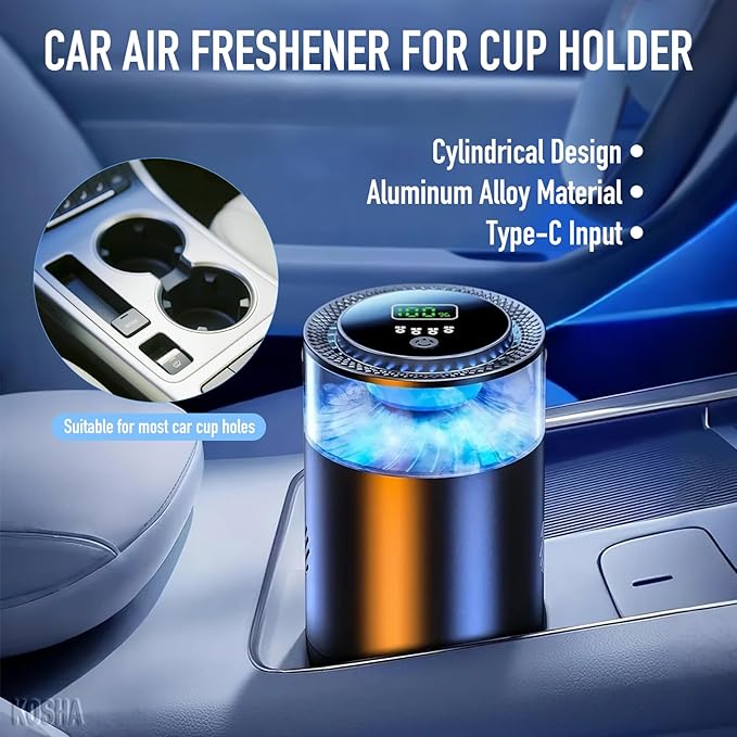 KOSHA Automobile Aroma Diffuser with Colorful Running Lights 3 Mode Settings 900mAh Essential Oil Display Non-Slip Lasts 2000 Refills Air Freshener for Car &amp Home (Cloud Top Tea Aroma)
