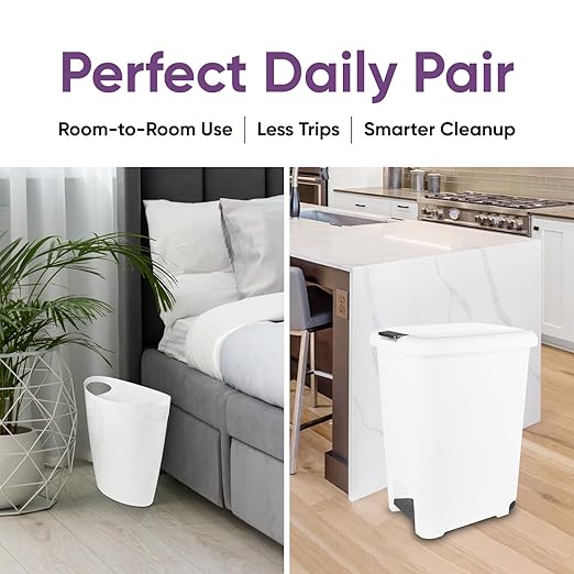 Superio 10L and 45L Slim Step &amp Push Trash Cans - 2 Pack Dual Opening Space-Saving Design Durable Plastic - White