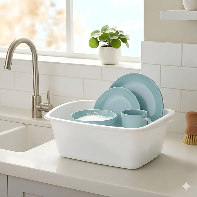 Tribello 2-Pack Dish Pans for Kitchen Sink Plastic Tub Dishpan Wash Basin and Foot Bath for Soaking Feet Wash Bucket for Washing and Storage Cleaning Supplies - 12 Quarts - Heavy Duty - (White)