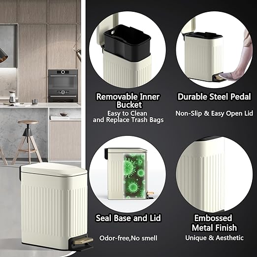 Small Bathroom Trash Can with Lid Soft Close-6L/1.6 Gal Slim Step Garbage Can-Metal Pedal Wastebasket-Narrow Rectangle Garbage Container Bin for Corner Office Bedroom Toilet Live Room-Beige