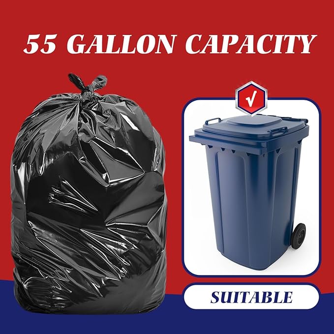 Teivio 55-60 Gallon Black Trash Bags | 180 Bags Extra Large Multi-Use Heavy Duty Commercial Garbage Bags | Lawn And Leaf Bags | Outdoor Yard Waste Bag | Contractor Workshops Trash Bin Liner