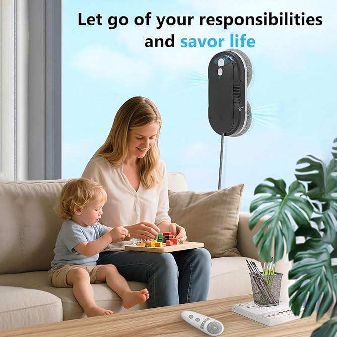 Window Cleaning Robot – 2400-3200Pa Suction Dual Ultrasonic Spray 85ml Tank Edge Detection Anti-Drop 3 Cleaning Modes for Streak-Free Glass(Black)