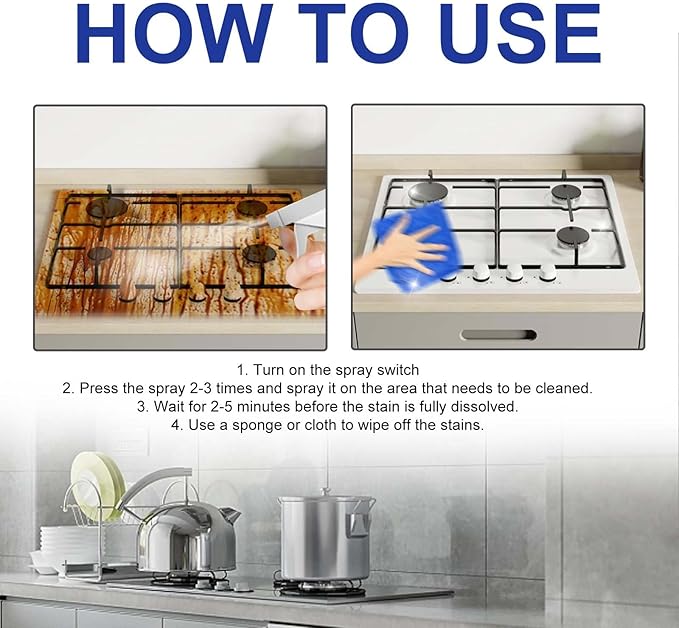 Multi-Purpose No-Rinse Cleaner: Heavy-Duty Stain &amp Grease Remover For Kitchen Bathroom Sink &amp Tiles(2PCS)