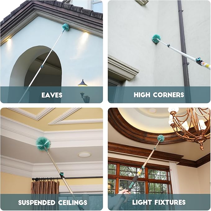 20 Feet High Reach Cobweb Duster with 5-12Ft Extension Pole Webster Cobweb Duster with 3-Stage Telescopic Aluminum Pole Spider Web Brush for Outdoor &amp Indoor Cleaning - Soft Bristles.