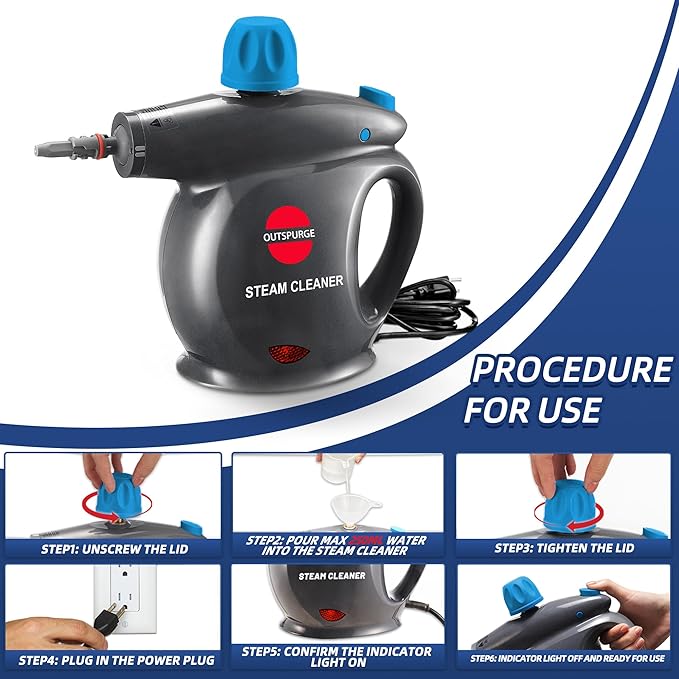 Handheld Steam Cleaner Pressurized Multi-Surface Steam Shot with 13 Accessories Safety Lock Steamer for Cleaning Floor Upholstery Grout Windows Couch and Car Grey