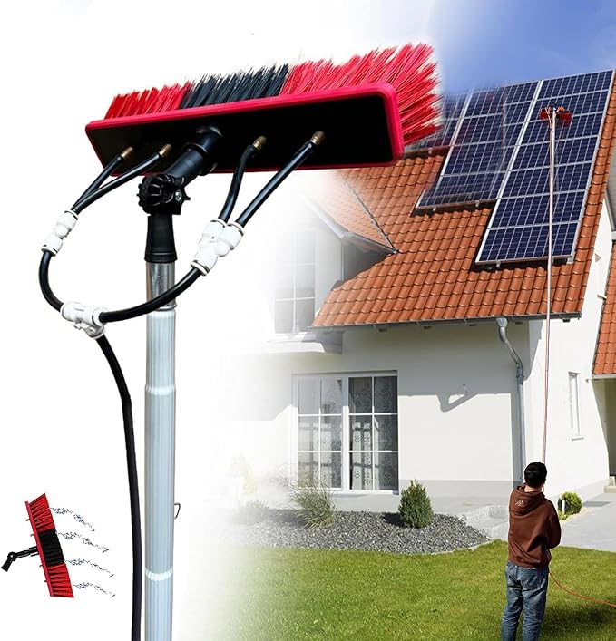 Telescopic Water Fed Brush with 10M Pole for Solar Panels and Window Cleaning 50cm Brush Head Brass Connector Switch and 3 Way Split Joints Ideal for Water Fed Window Cle