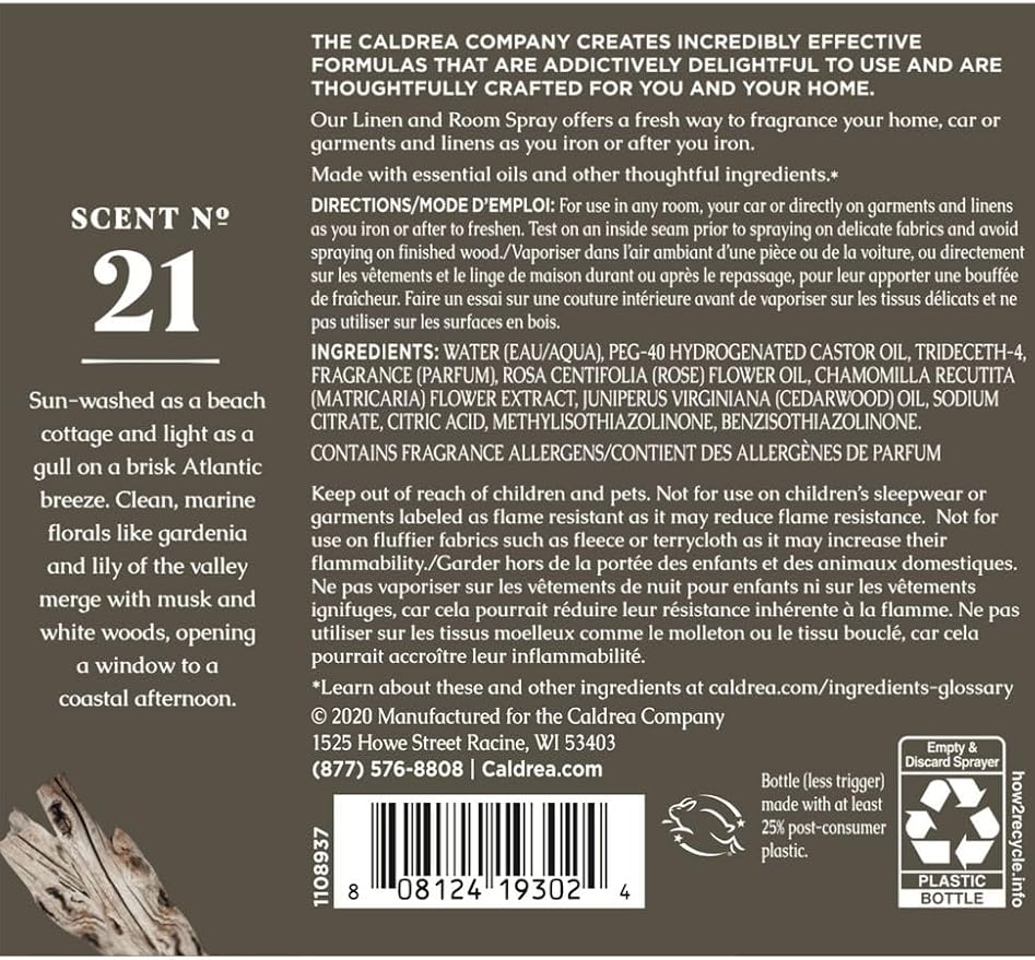 Caldrea Linen and Room Spray Air Freshener Made with Essential Oils Plant-Derived and Other Thoughtfully Chosen Ingredients Rosewater Driftwood 16 oz 2 Pack
