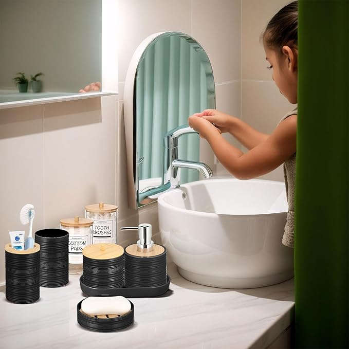 IMAVO Bathroom Accessory Set-11Pcs Black Bathroom Accessories Set with Trash CanSoap DispenserSoap DishToothbrush HolderToothbrush CupToilet Brush HolderQtip Holder Dispenser with Labels