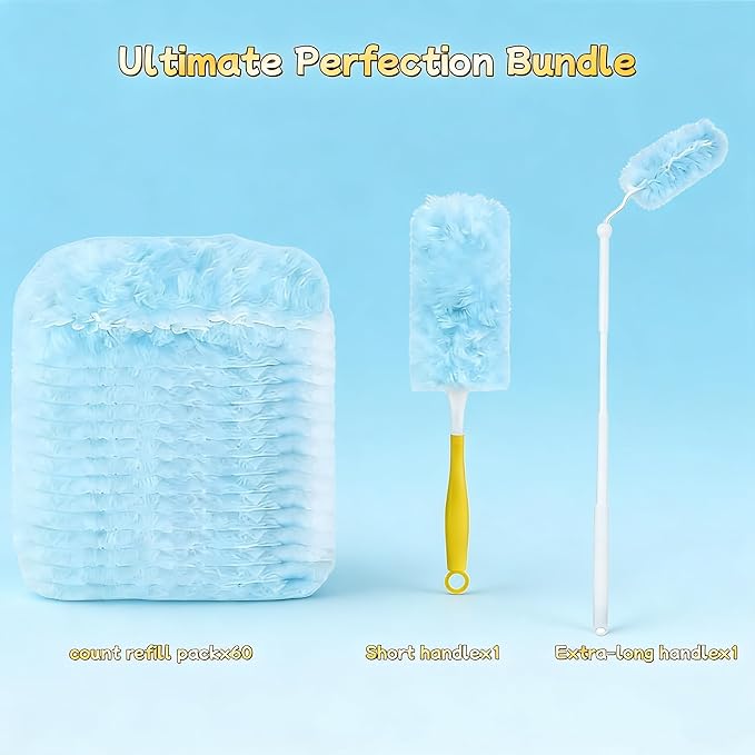 60-Pack Dusting Mop Refill Set Disposable Power Dusting Duster Compatible with Swiffer. Includes 1 Handle and 3-Foot Extension Pole Ideal for Cleaning Furniture Bookshelves and Ceiling Fans.