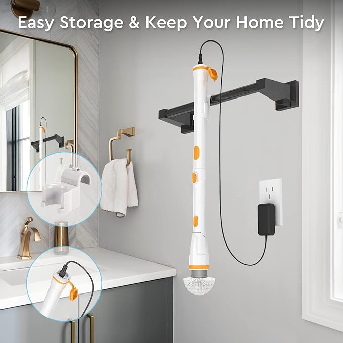Electric Spin Scrubber KIKOLIN 380RPM High Speed Power Scrubber Cordless Cleaning Brush 2 Speeds for Bathroom Tub Shower Floor with 4 Replaceable Brush Heads and Adjustable Extension Long Handle