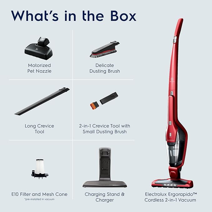 Electrolux Ergorapido Pet Cordless 2-in-1 Vacuum Cleaner with Motorized Pet Nozzle for Easy Pet Hair Removal 48-Minute Run Time 2 Power Modes Chili Red