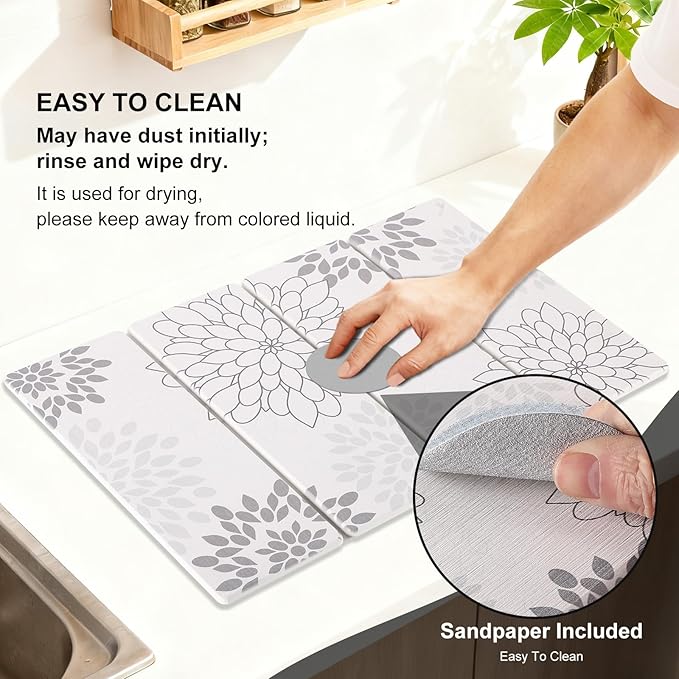 Stone Drying Mat for Kitchen Counter 3-Pack Soft Diatomaceous Earth Absorbent Mat Set Quick Dry Stone Faucet Splash Guard &amp Small Drying Pad Foldable Diatomite Stone for Pet Plant &amp Bath