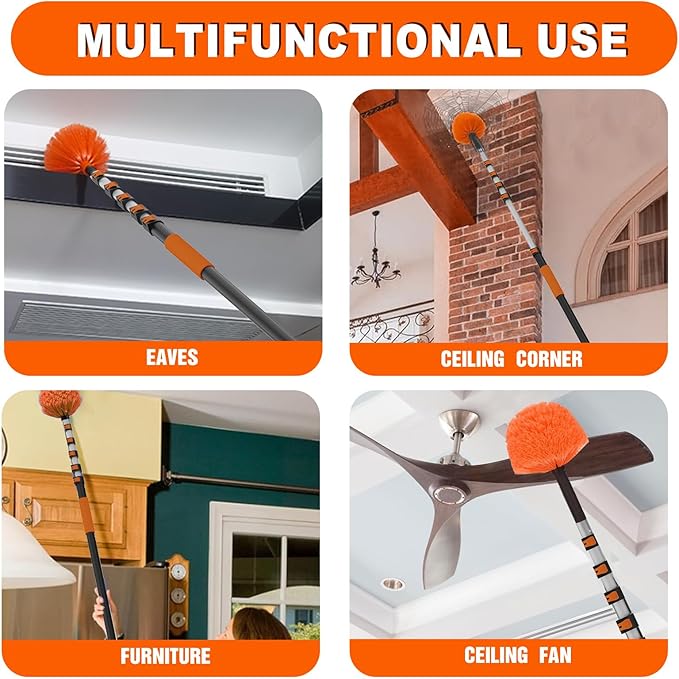30FT Reach Cobweb Duster with Extension Pole High Ceiling Long Duster with 5-24FT Telescoping Pole Spider Web Brush for Indoor Outdoor Use