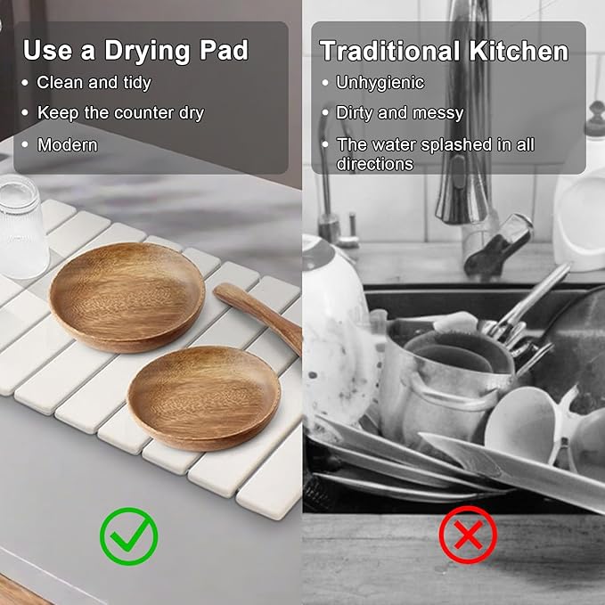 Large Stone Dish Drying Mat for Kitchen CounterEquipped Dish Rack Diatomaceous Earth Material Foldable and Super Absorbent Dish Drying Pad Suitable for Tableware Bottles and Cup (White 24×16 IN)