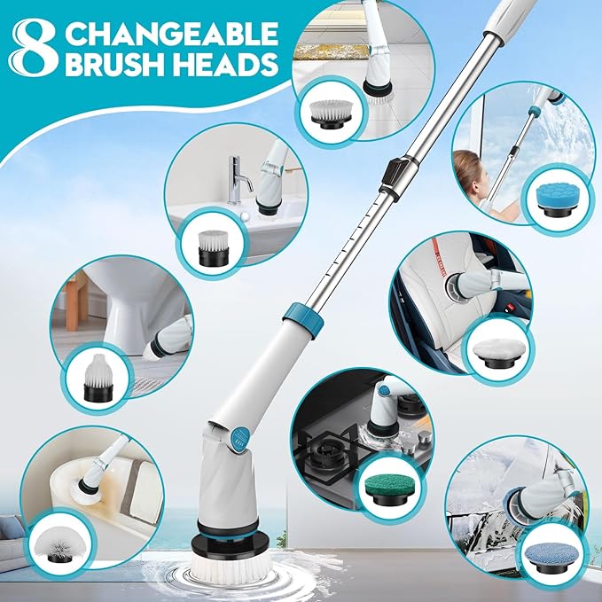 Battery Electric Scrubber for Cleaning Bathroom1200RPM 21V Spin Scrubber Electric Spin Brush for Cleaning 50'' Cordless Power Shower Scrubber W/ 8 Brushes for Grout Tile Tub Floor