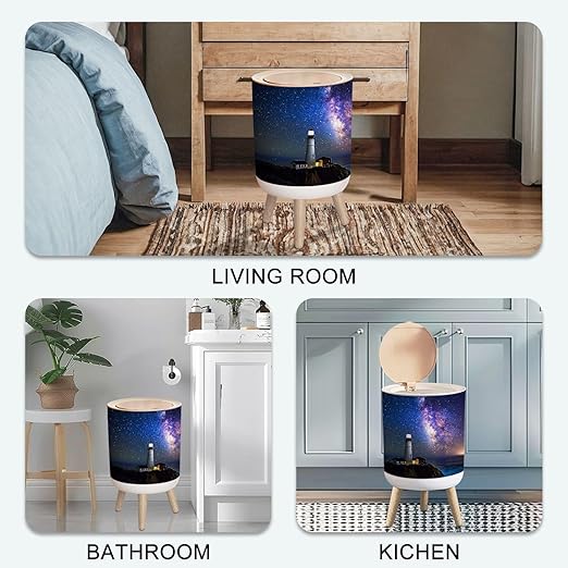 Small Trash Can with Lid Milky Way Lighthouse Pescadero California 1.8 Gallon/7L Garbage Can Waste Bin with Pop-Up Lid Wood Legs Wastebasket for Bathroom Kitchen Bedroom