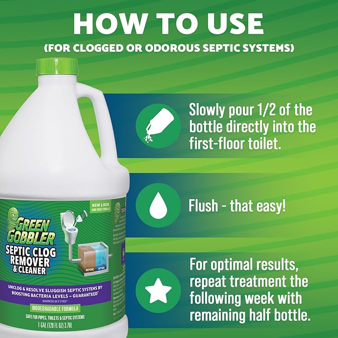 Green Gobbler EMERGENCY Septic Sludge Remover - Septic Tank Clog Remover Treatment for Clogs Back-Ups &amp Foul Odors and Overflow Prevention - 1 Gallon