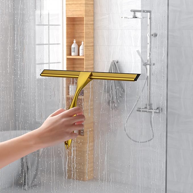 Shower Squeegee for Glass Door 12-Inch Stainless Steel Bathroom Squeegee Window Wiper with Shower Door Hook Adhesive Hook and Spare Silicone Blade for Window Mirror Car All-Purpose Squeegee