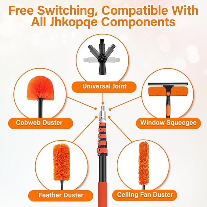 30FT High Reach Duster Cleaning Kit with 24FT Pole | 4-in-1 Tool Set with Universal Swivel Joint | High Ceiling Fan Cleaner Microfiber Duster &amp Window Squeegee for Safe High-Reach Cleaning
