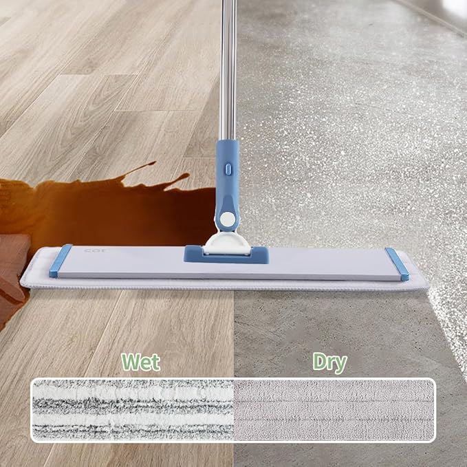 CQT Commercial Flat Microfiber Floor Mop Cleaning System 18 Inch Wet Dry and Dust Hardwood with 4 Washable Pads Cleaner for Laminate Tile Stainless Steel Handle and Extension (PT13-Blue)