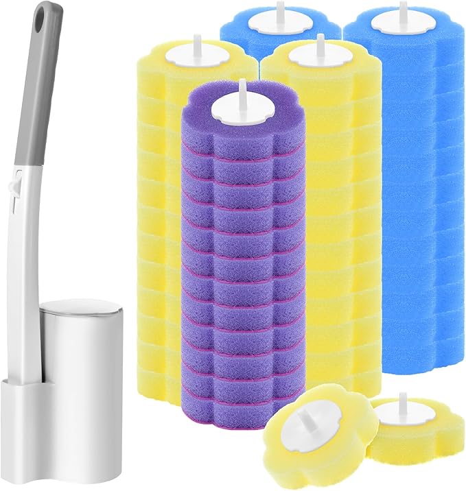 Disposable Toilet Brush Cleaning System with 60pcs Refills Pads Replacement Heads Toilet Cleaning Stick Wall Mounted Toliet Wand Kit Bathroom Maintenance Toilet Bowl Cleaner Wands Holder and Set