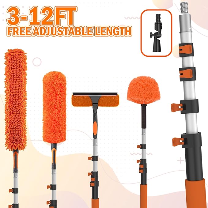 20FT High Reach Duster Cleaning Kit with Extension Pole High Ceiling Fan Cleaner Duster Tool for Fan Blades Window Washing Kit with Microfiber Feather Duster &amp Window Squeegee