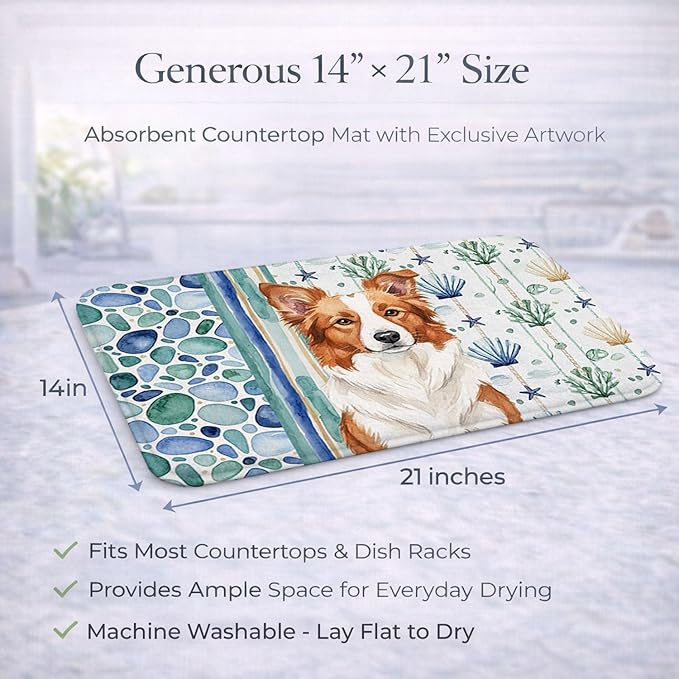 Caroline's Treasures Red and White Border Collie Coastal Sea Glass Dish Drying Mat Absorbent Dish Drying Mat Pad for Kitchen Counter Dish Drainer Mat for Countertop 14 x 21 Multicolor
